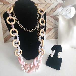 Long Sweater Necklace Wood and light Pink Acrylic Necklace Matching Earrings Set